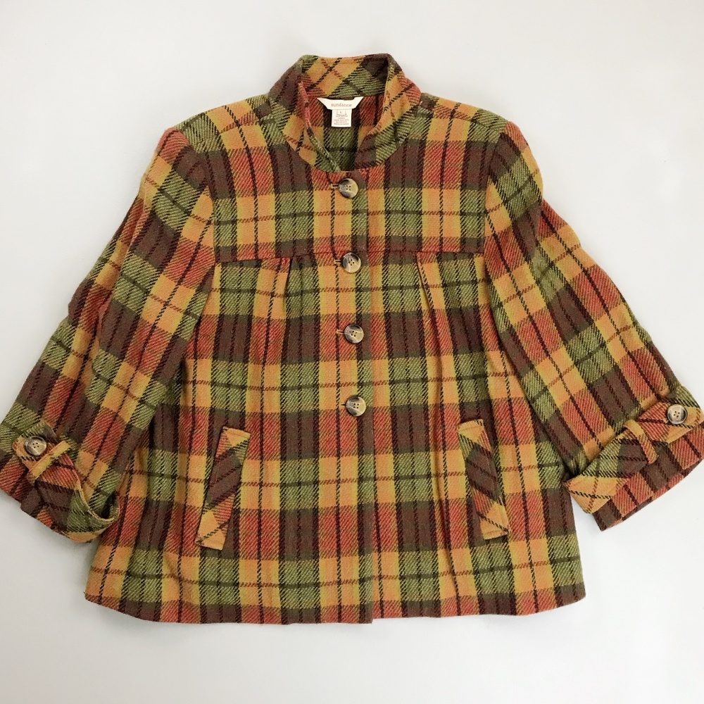 SUNDANCE Autumn Plaid Check Retro Swing Jacket Large Wool Blend 3/4 Sleeve